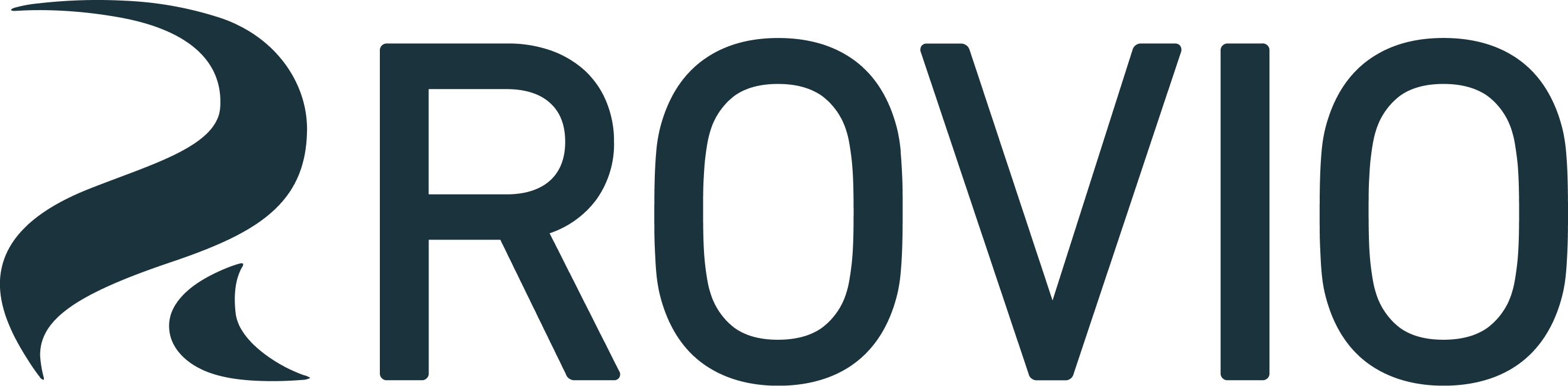 Rovio company logo with stylized wave icon and bold text.