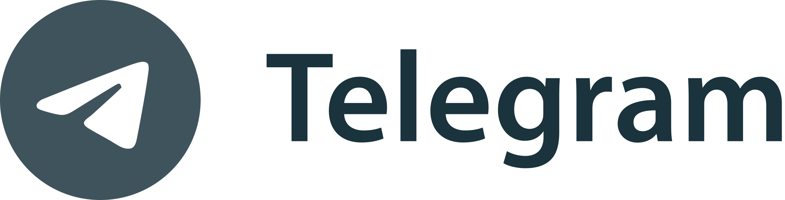 Telegram logo with a white paper plane icon inside a dark circle and the word 'Telegram' in dark letters.