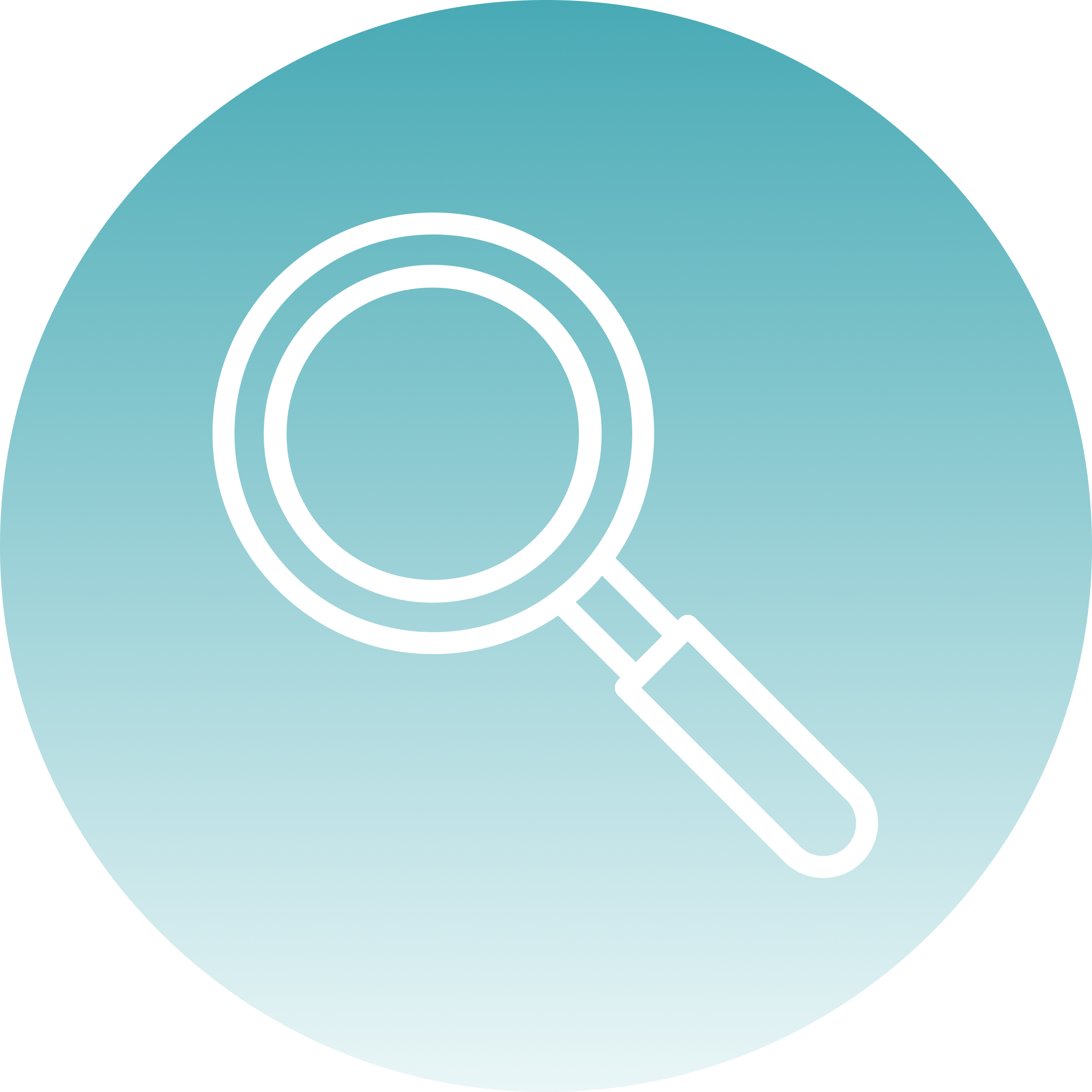 White magnifying glass icon on a blue gradient circular background.